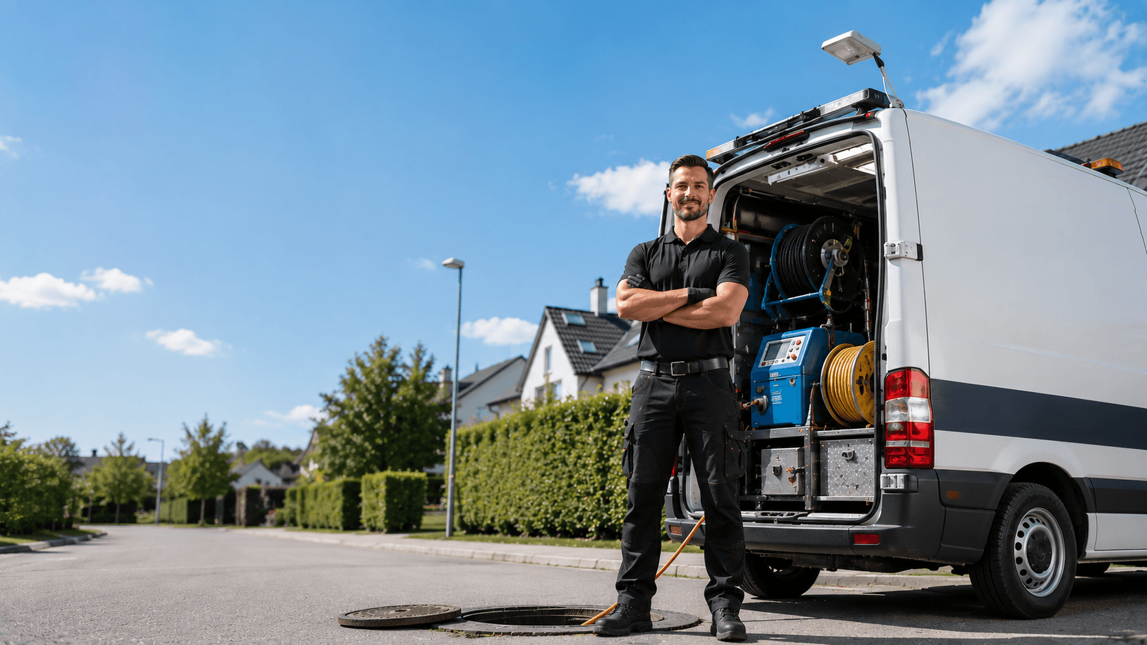 Rohrreinigungstechniker steht mit verschränkten Armen vor dem Servicefahrzeug an einem geöffneten Kanalschacht